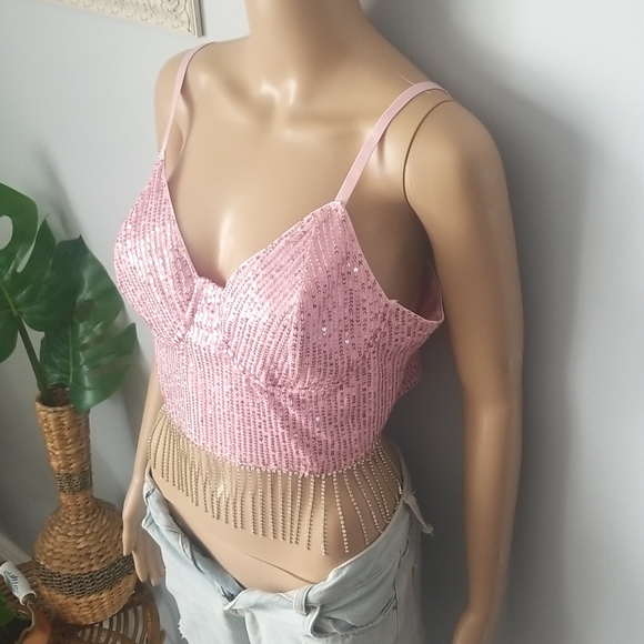 BOHO Glam Pink Sparkle Sequin Crop Top with Jewelled Fringe SZ L - Picture 6 of 17